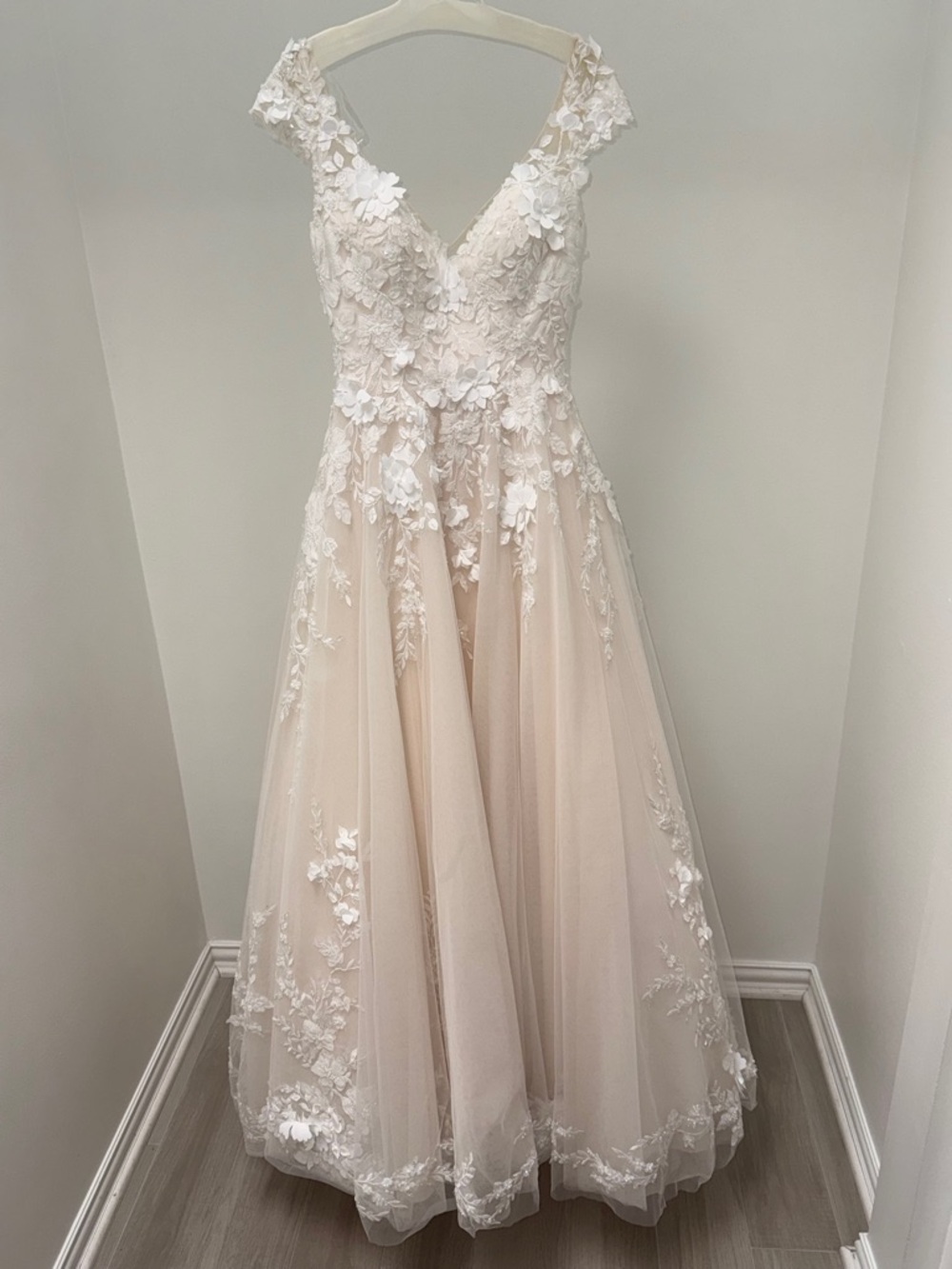 Allure Bridals Ivory and Blush Lace Appliqué V-Neck Wedding Dress